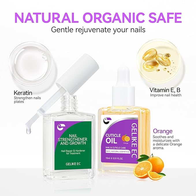 Nail Strengthener & Cuticle Oil Kit: Orange & Clear (15ml) - Protein Nail Hardener for Weak Nails - Vitamin E Enriched - Fast Growth & Repair - Salon & Home Use