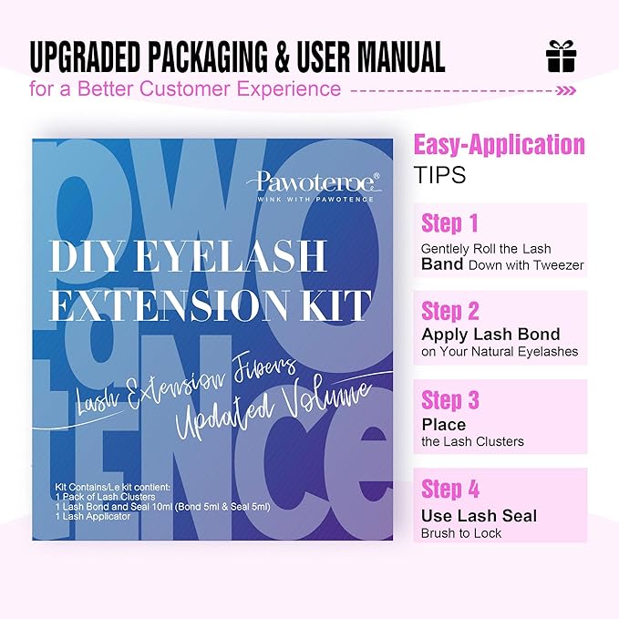 Pawotence Lash Clusters Kit Cat Eye Lash Extension Kit DIY 9-16mm Cluster Eyelash Extensions Kit 40D Individual Lashes with Lash Bond and Seal, Lash Tweezers for Self Use (Fox 40D, 9-16mm, Kit)