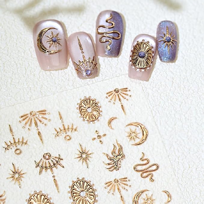 1 Sheets 5D Gold Star Nail Stickers for Nail Art Self Adhesive Embossed Moon Snake Nail Art Stickers Gold Star Moon Snake Design Nail Decals for Women Girl DIY Nail Decoration