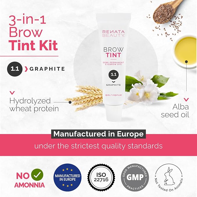 RB RENATA BEAUTY Brow Tint Kit – Eyebrow Tint Set – Dye Kit with Color Tint, Cream Developer and Styling Brush – Long-Lasting Effect Up to 4 Weeks – 30 Applications [Graphite]