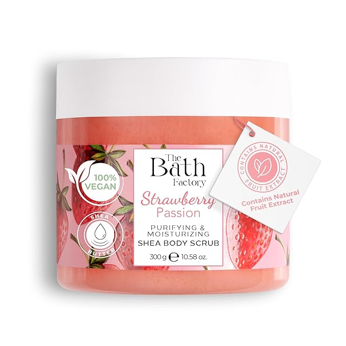 Body Scrub for Exfoliating with Moisturizing Shea Butter | 100% Vegan | Natural Strawberry Extract | Perfect Exfoliator for All Body Parts such as Face, Foot, Hand