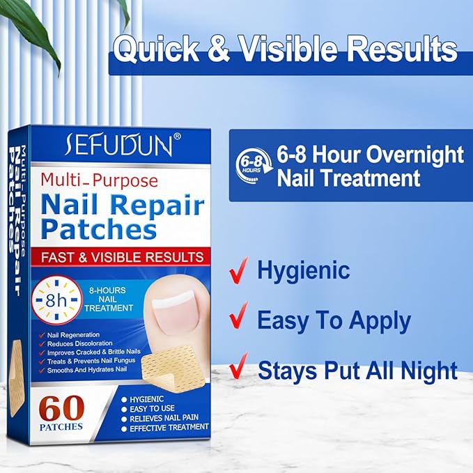 Muti-Purpose Nail Repair Patches, 60 pcs Overnight Nail Repair Treatment for Nail Discoloration & Cracked Nails, Restore Healthy Nail Appearance