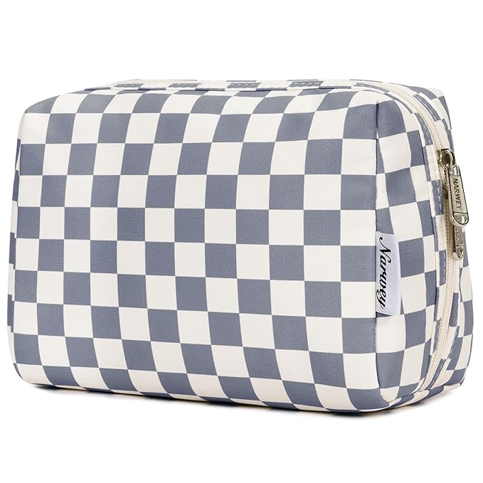 Narwey Checkered Makeup Bag Travel Cosmetic Bag Organizer Toiletry Bag Make Up Bags with Compartments for Women Girls (Large, Grayish Blue Checkerboard)