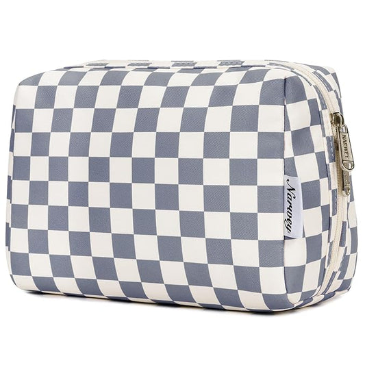 Narwey Checkered Makeup Bag Travel Cosmetic Bag Organizer Toiletry Bag Make Up Bags with Compartments for Women Girls (Large, Grayish Blue Checkerboard)