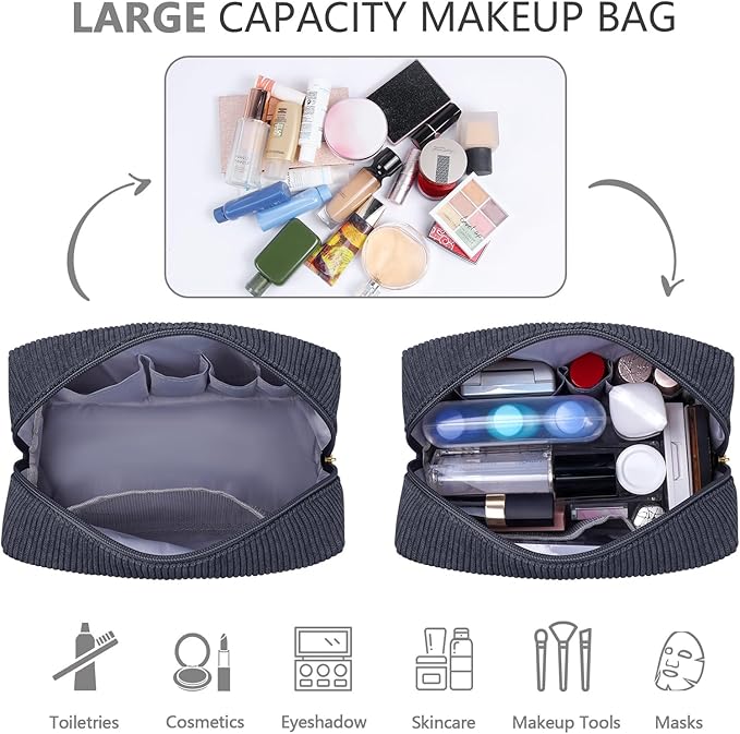 MAGEFY Small Makeup Bag for Purse Portable Makeup Pouch with Compartments Corduroy Make up Bag for Women Travel Cosmetic Essential (Dark Gray, SKIN)