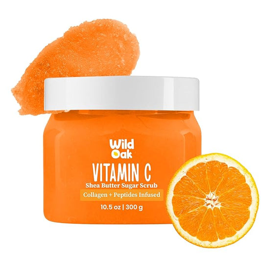 WildOak Vitamin C Shea Butter Sugar Body Scrub | With Collagen & Peptides | Tan Removal | Lightens Dark Area Like Neck & Elbows | Smoothen Bumpy Legs & Hands | Hydrating & Exfoliating Scrub | 10.58 oz