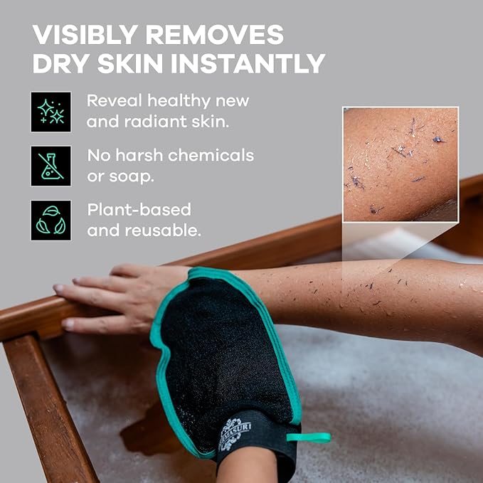 Dermasuri Deep Exfoliating Body Mitt & Back Scrub Bundle - Bath & Shower Body Scrubs, Cleansing & Full Body Exfoliation, Spa Exfoliator Glove, Dry Skin Remover, Skin Care Treatment for Women & Men