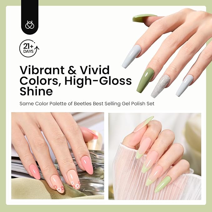 Beetles Dip Powder Nail Set, 6 Colors Green Glitter Nude Gray Long-Lasting Spring Dipping Powder for French Nails Art Manicure DIY Salon Women Gift No Need Nail Lamp Cured