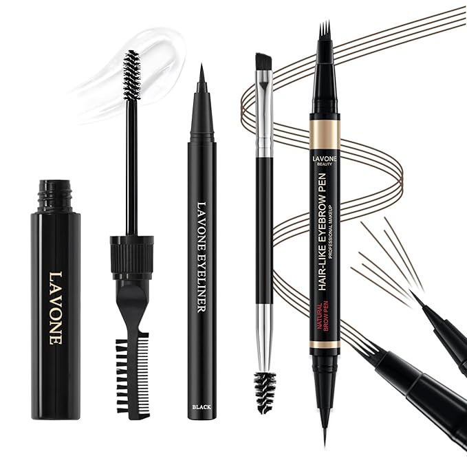 Microblading Eyebrow Pen Kit - Waterproof Brow Makeup Set with Eyebrow Pencil, Eyebrow Gel Clear, Eyeliner, Dual-ended Eyebrow Brush, Natural Looking Brows with Long-Lasting All-Day Hold - Dark Brown