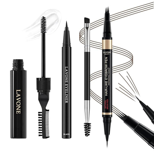Microblading Eyebrow Pen Kit - Waterproof Brow Makeup Set with Eyebrow Pencil, Eyebrow Gel Clear, Eyeliner, Dual-ended Eyebrow Brush, Natural Looking Brows with Long-Lasting All-Day Hold - Dark Brown