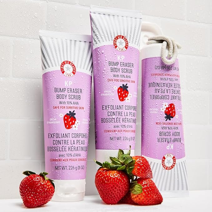 First Aid Beauty - KP Bump Eraser Body Scrub with 10% AHA, Keratosis Pilaris Exfoliator with Glycolic and Lactic acids, Helps Reduce Chicken Skin Bumps, Safe for Sensitive Skin, Strawberry Scent, 8 oz