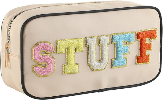 DYSHAYEN Nylon Cosmetic Bag Small Travel Preppy Makeup Pouch Bag for Women Girls with Chenille Letter Patches (STUFF-2)