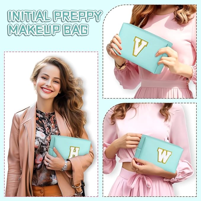 TOPEAST Cosmetic Travel Bags for Women, Preppy Small Makeup Bag, PU Leather Waterproof Toiletry Bag, Unique Friendship Gifts for Friends Coworker, Cute Stuff for Girls (Blue R)