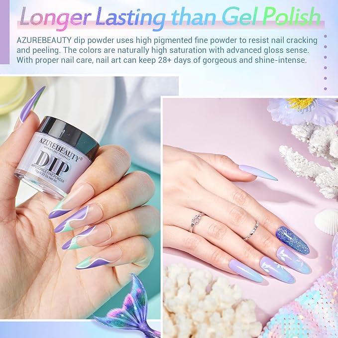 AZUREBEAUTY Spring Summer Bright Pastel Neon Color 42 Pcs Dip Powder Nail Kit, Pink Yellow Purple Mint Green Color Dip Nails Powder Starter Set with Essential Liquid Recycling Tray Nail Manicure