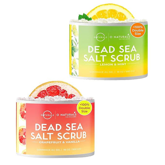 O Naturals Lemon Scrub & Grapefruit Exfoliating Dead Sea Salt Scrub Bundle 18 Ounce Each.