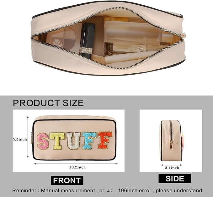 DYSHAYEN Nylon Cosmetic Bag Small Travel Preppy Makeup Pouch Bag for Women Girls with Chenille Letter Patches (STUFF-2)