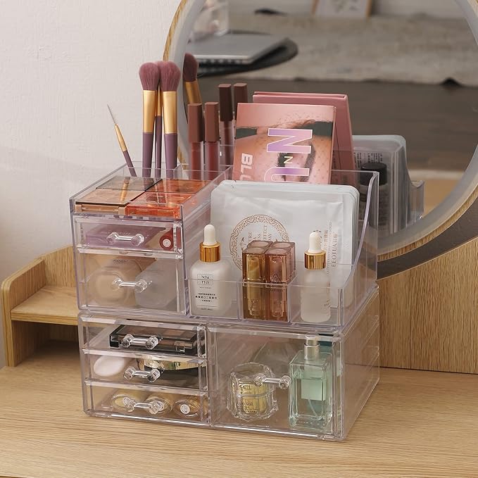 Cq acrylic 2 Pack Clear Makeup Storage Organizer,Stackable 6 Drawers Make Up Organizers,Cute Desk Organizer for Vanity Jewelry,Hair Clip,Beauty,Skincare Product Bathroom Counter Organizers and Storage