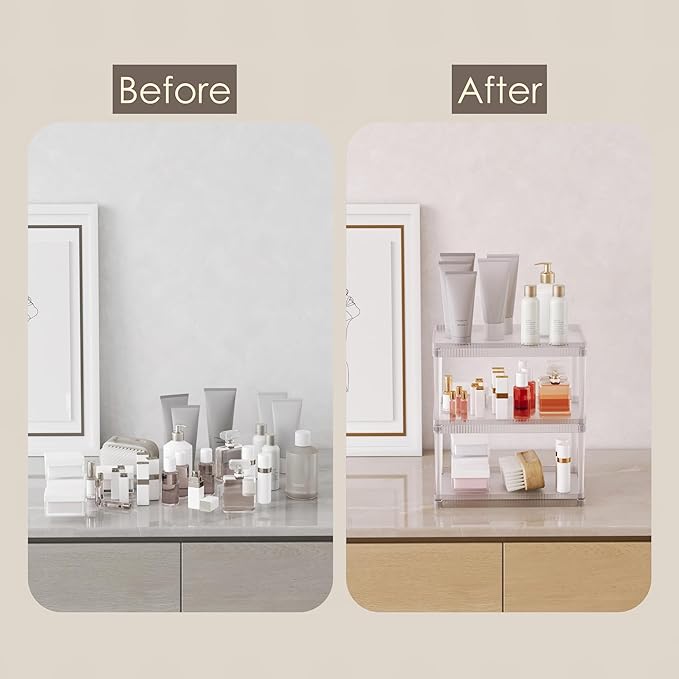3-Tier Makeup Cosmetic Organizer Shelf Multifunctional Vanity Storage Rack for Cosmetics, Skincare, Beauty Products, Spice Organizer Shelf for Bathroom, Bedroom, Kitchen, Frosted Clear