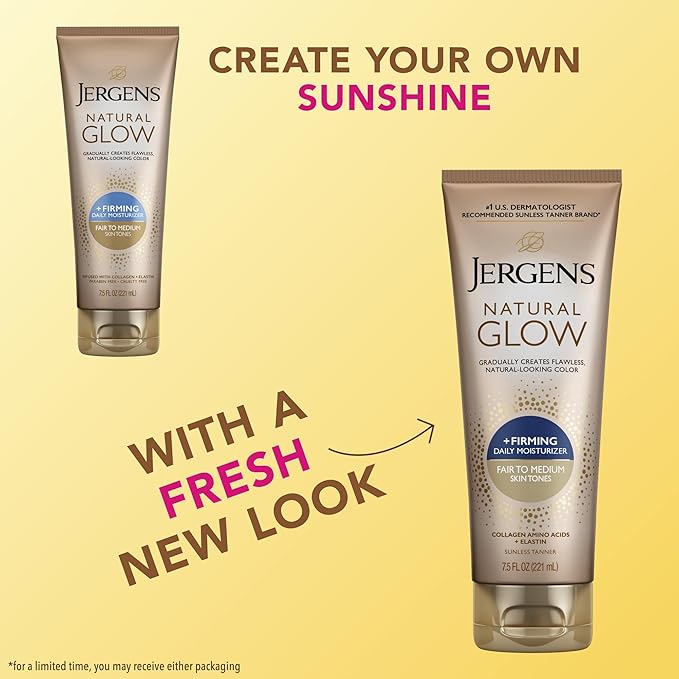 Jergens Natural Glow +Firming Self Tanner Body Lotion, Fair to Medium Skin Tone, Sunless Tanning Moisturizer with Collagen and Elastin. Helps to Visibly Reduce Cellulite, 7.5 Fl Oz