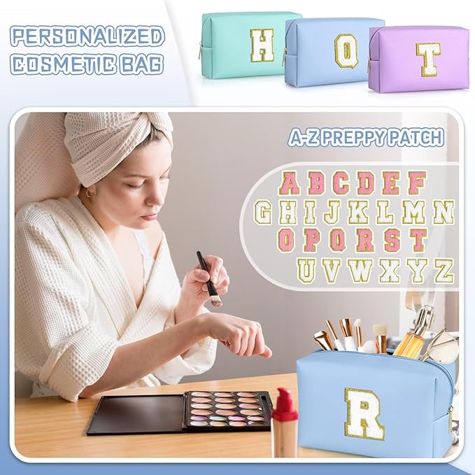 TOPEAST Preppy Small Makeup Bag, Chenille Letter Pouch Cosmetic Bag With Zipper, PU Leather Waterproof Toiletry Bag, Personalized Birthday Gift for Women, Cute Stuff for Girls (Sky Blue D)