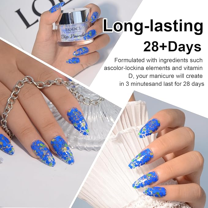 Dopamine Nail Dip Powder - Blue Glitter Hexagon Sequins Paillette Dip Powder Nails - Long-lasting, No UV Light Needed