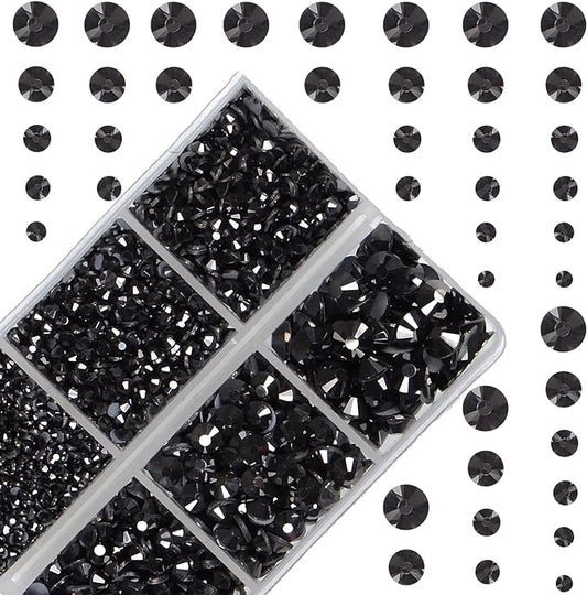 10000Pcs 2-Boxes Mixed Size Hot Fix Round Crystals Gems Glass Stones Hotfix Flat Back Rhinestones with Tweezers and Picking Pencil (Hematite Black)
