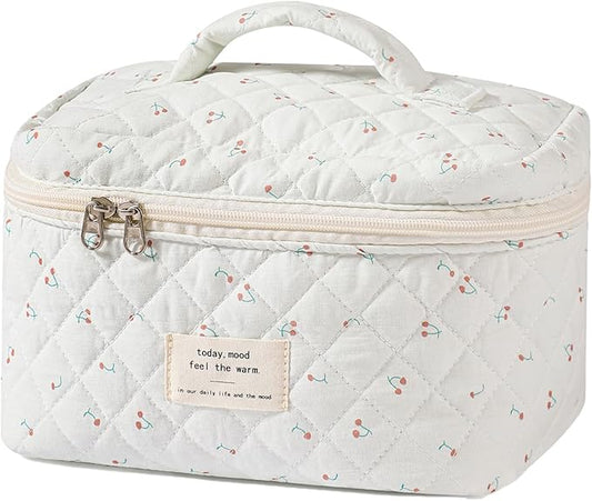 uekeboag Large Travel Quilted Makeup Bag for Women, Floral Cotton Cosmetic Bag, Coquette Aesthetic Floral Toiletry Organizer Bag