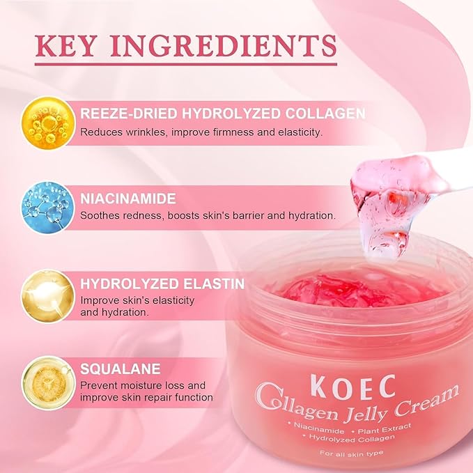 Collagen Jelly Cream - Niacinamide & Freeze-Dried Hydrolyzed Collagen - Improves Elasticity & Hydration, Reduce Fine Lines & Dullness, Gives 24h Glow Korean Skin Care For All Skin Types (3.38 fl.oz)