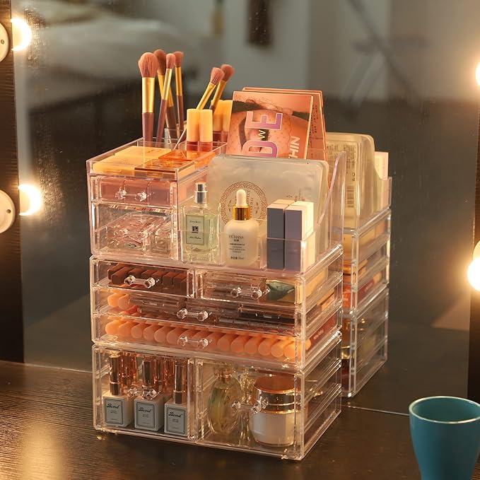 Cq acrylic Makeup Organizer Bathroom Organizers and Storage With 8 Drawers for Vanity Skincare Countertop Desk,Clear Cosmetic Display Case for Lipstick,Brush,Lotions,Eyeshadow,Nail Polish and Jewelry