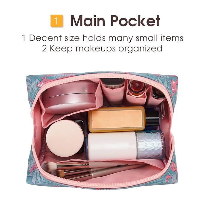 Narwey Small Makeup Bag for Purse Mini Cosmetic Bag Travel Makeup Pouch Zipper Pouch Cute Make up Bags with Compartments for Women Girls (Flamingo, Small)