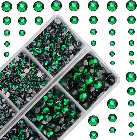 10000Pcs 2-Boxes Mixed Size Hot Fix Round Crystals Gems Glass Stones Hotfix Flat Back Rhinestones with Tweezers and Picking Pencil (Emerald)