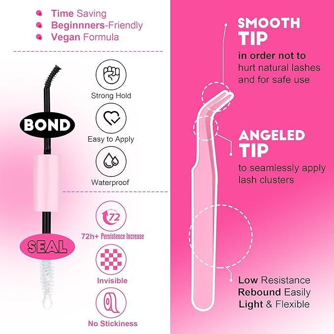 Pawotence Lash Extension Kit DIY Individual Lash Clusters Eyelash Extension Kit 9-16mm Lash Clusters Colored with Lash Bond and Seal, Lash Tweezers for Self Application (40D, 9-16mm, Color Kit)