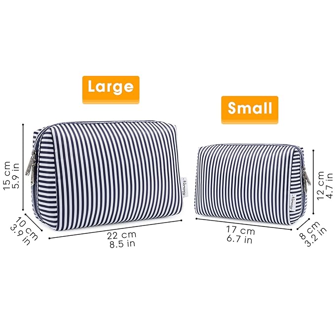 Narwey Cute Makeup Bag Travel Cosmetic Bag Organizer Toiletry Bag Make Up Bags with Compartments for Women Girls (Large, Blue Stripe)