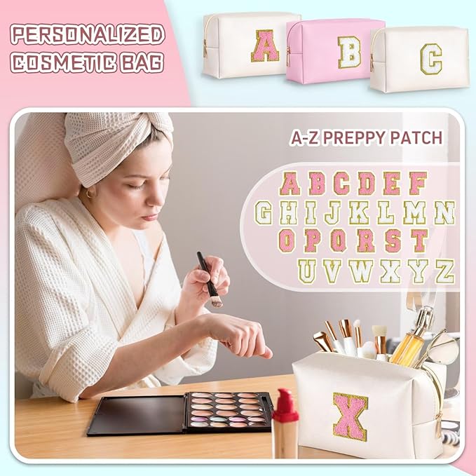 TOPEAST Preppy Small Makeup Bag, Chenille Letter Pouch Cosmetic Bag With Zipper, PU Leather Waterproof Toiletry Bag, Personalized Birthday Gift for Women, Cute Stuff for Girls (Pearly White D)