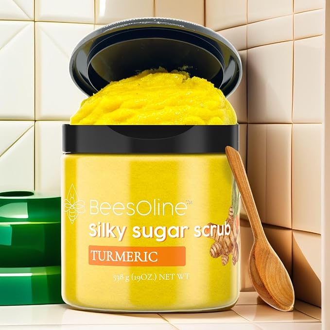 Silky Sugar Scrub by BeesOline - Premium Fine Cane Sugar | Turmeric - Extra Large 20oz, Convienent Flip-Top Lid, Organic Sunflower Oil & COCONUT OIL for Smooth Gentle Exfoliation