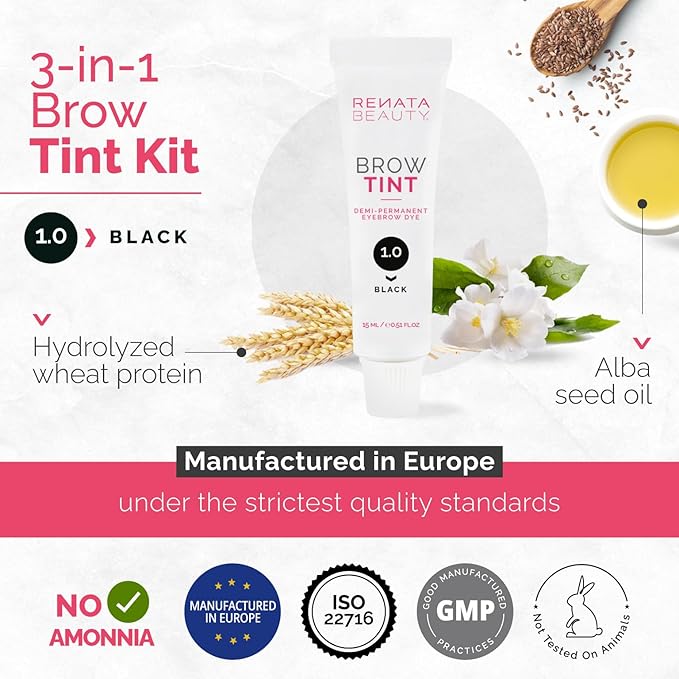 RB RENATA BEAUTY Brow Tint Kit – Eyebrow Dye Set – Dye Kit with Color Tint, Cream Developer and Styling Brush – Long-Lasting Effect Up to 4 Weeks – 30 Applications [Black]