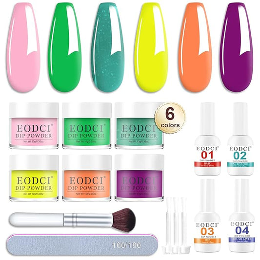 12 Pcs Dip Powder Nail Kit Starter, 6 Colors Pink Yellow Green Dipping Powder Kit With Base & Top Coat/Activator/Brush Saver, Nail Art Manicure Salon DIY for Daily at Home Party Gifts for Women