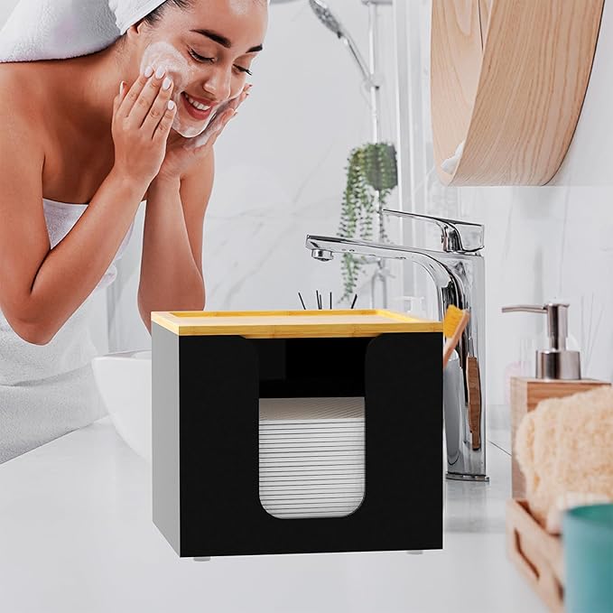 VITVITI Disposable Face Towel Holder Box, Acrylic Facial Towel Container for XL Clean Skin Club, Large Disposable Face Towel Storage with Bamboo Lid, for Bathroom, Vanity Makeup, Black