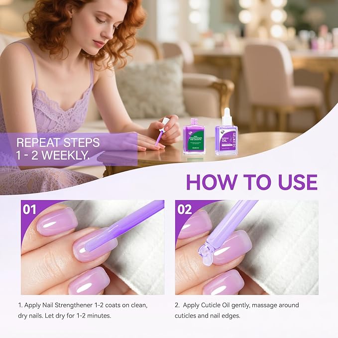 Gelike EC Nail Kit for Beginners: Purple Easy-Use Nail Polish Growth Treatment & Lavender Oil for Thin Weak Nails - for Stress Relief - Repair Split Nails - Spa & Night Care Routine