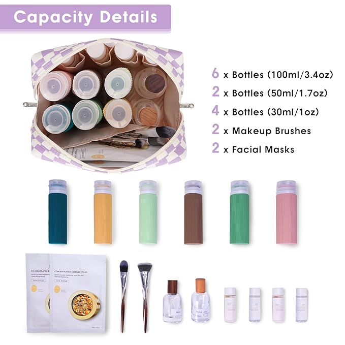 Narwey Checkered Makeup Bag Travel Cosmetic Bag Organizer Toiletry Bag Make Up Bags with Compartments for Women Girls (Large, Purple Checkerboard)