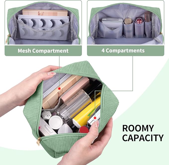 MAGEFY Small Makeup Bag for Purse Portable Makeup Pouch with Compartments Corduroy Make up Bag for Women Travel Cosmetic Essential (Green, FACE)