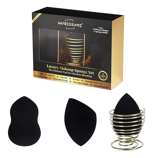 ImpressionZ 3 Pcs Makeup Sponge Set with Holder – Multi-Shape Beauty Makeup Sponges for Foundation, Cream, Liquid & Powder – Latex-Free Makeup Sponge Blender, Vegan & Cruelty-Free Sponge for Soft Skin