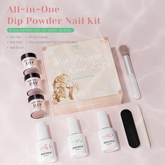 Dip Powder Nail Kit Starter, 9 Pcs Transparent Nude Pink Nude Skin Colors Dipping Powder Liquid Set with Base Top Coat and Activator for Nail Art Manicure Salon DIY at Home