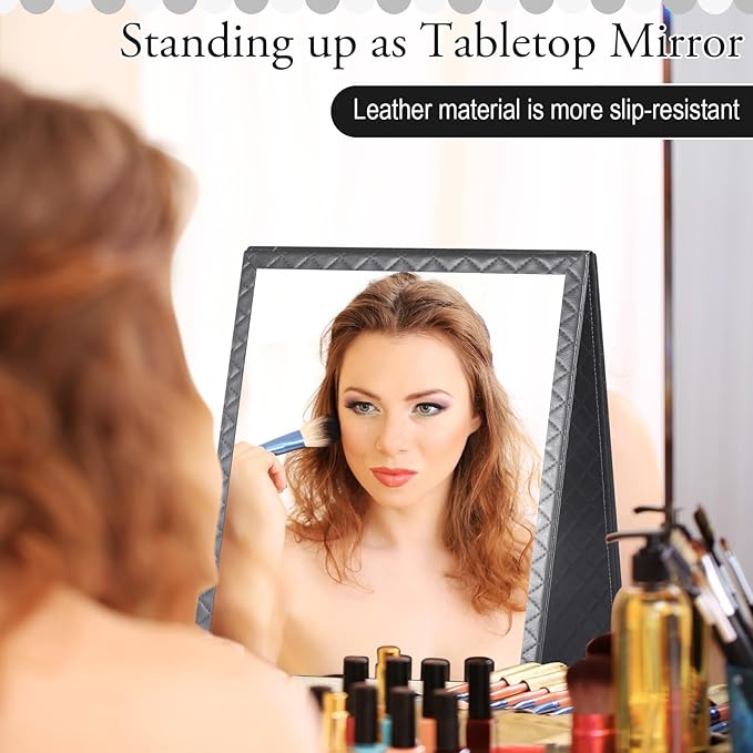 Foldable Backstage Mirror with Handle Leather Folding Hanging Mirror Rectangular for Travel Dance Bag Home Fitness Spa Gift for Dancers (Grey,33.5" l*13.4" w)