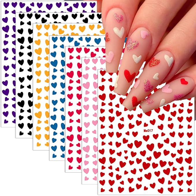 10 Sheets Heart Nail Stickers - 3D Self-Adhesive Glitter Colorful Valentine's Day Nail Decals - DIY Decoration for Women & Girls
