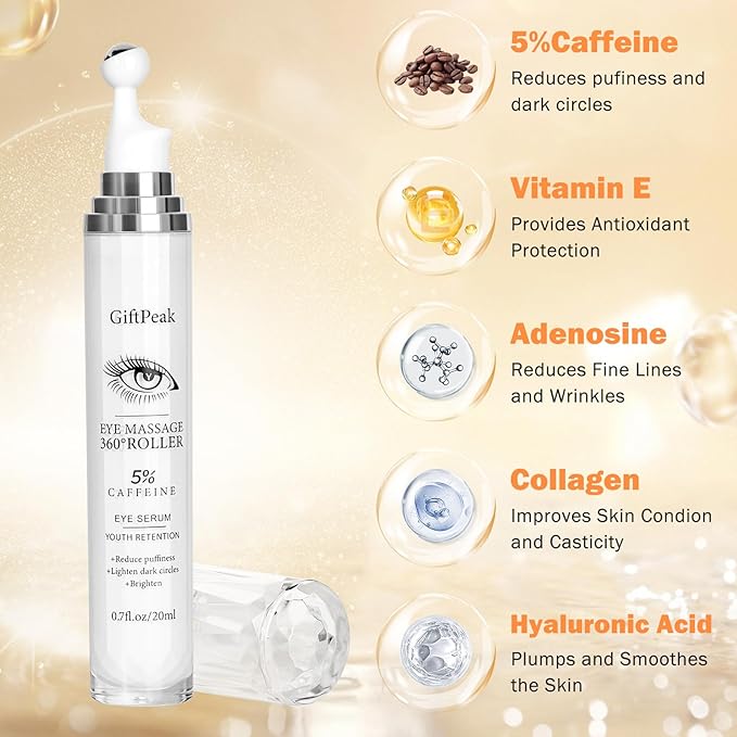 Caffeine Eye Serum for Dark Circles,Eye Serum Roller Eye Skin Care for Puffy Eye Bags Fine Lines Dark Circles Wrinkles Under Eye Cream For Women & Men 0.5 fl. oz