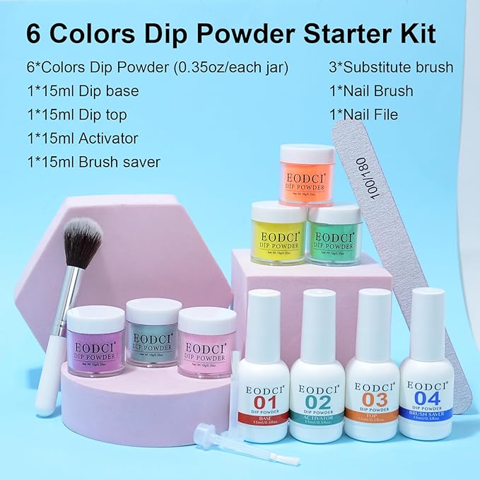 12 Pcs Dip Powder Nail Kit Starter, 6 Colors Pink Yellow Green Dipping Powder Kit With Base & Top Coat/Activator/Brush Saver, Nail Art Manicure Salon DIY for Daily at Home Party Gifts for Women