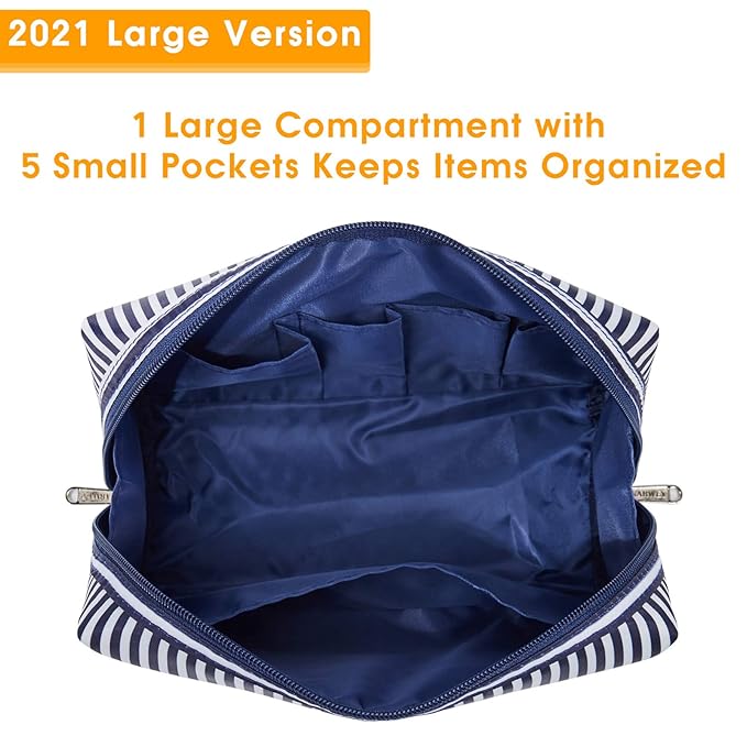 Narwey Cute Makeup Bag Travel Cosmetic Bag Organizer Toiletry Bag Make Up Bags with Compartments for Women Girls (Large, Blue Stripe)