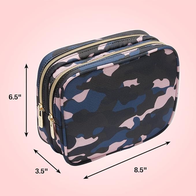 Conair Makeup Bag, Large Double Zip Toiletry and Cosmetic Bag, Perfect Size for Use At Home or Travel, Double Zip Organizer Shape in Blue, Pink and Black Camouflage