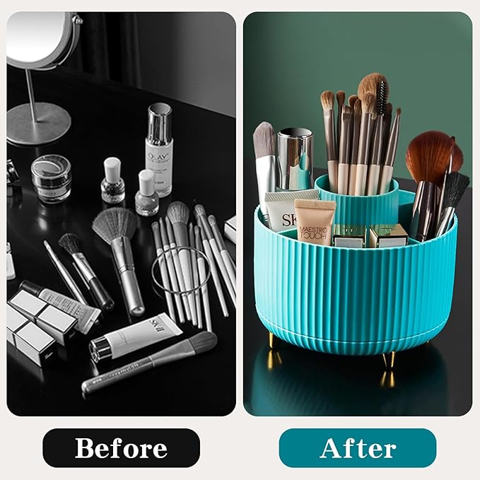 360° Rotate Makeup Brush Holder Organizer, Makeup Organizers Countertop, Makeup organization and Skincare Storage with Gift Box Packing for Vanity, Desktop, Bathroom (Blue)